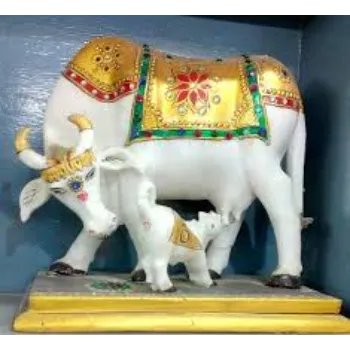 Carved Marble Cow & Calf Statue 